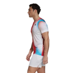 Adidas Men's Melbourne FreeLift Printed Top (White/Vivid Red/Black) -Boutique Ball Sports Store H67126 APP on model side white