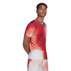 Adidas Men's Melbourne FreeLift Printed Top (White/Vivid Red/Black) -Boutique Ball Sports Store H67126 APP on model walking white